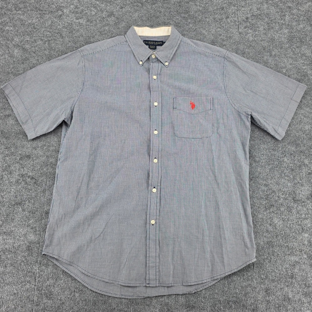 US Polo Assn Mens Large Blue White Gingham Short Sleeve Button Down Shirt Cotton
